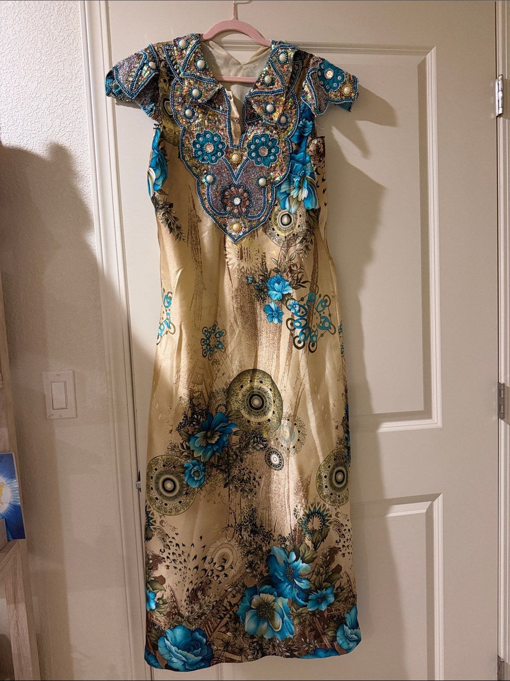 Gold Maxi Dress with Teal Floral Embellishment